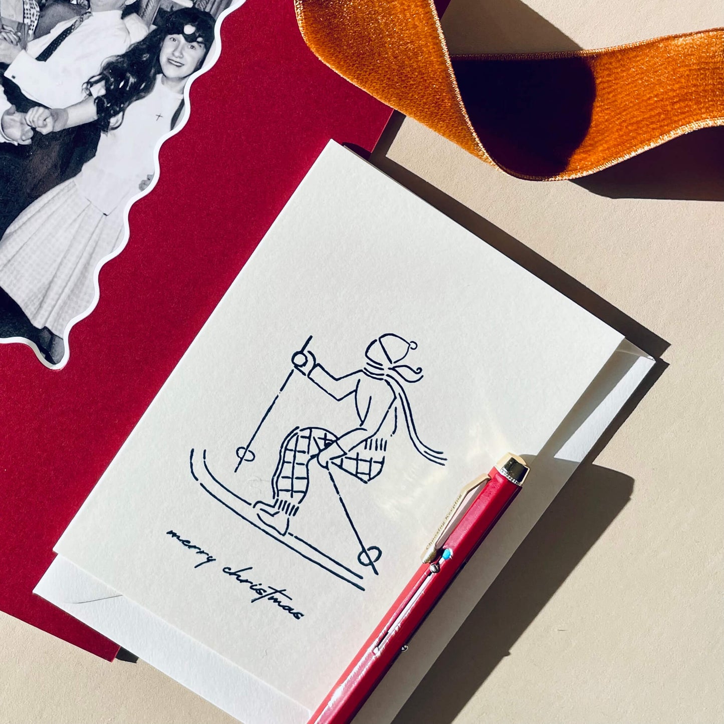 Ski Hand Printed Christmas Card